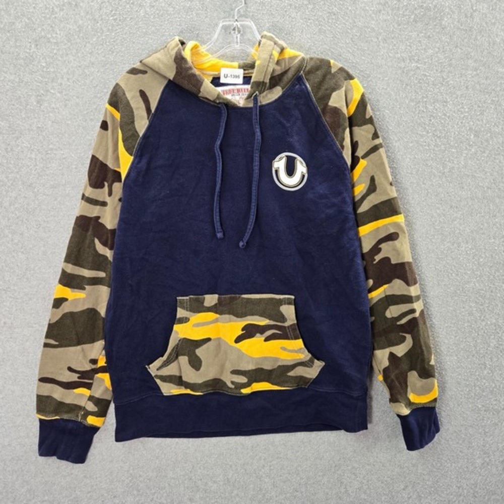 True‎ Religion Men Sweatshirt Medium Blue Camo Terry Hoodie Logo Pockets